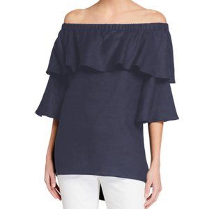 Neiman Marcus Ruffle Off-Shoulder Linen Top